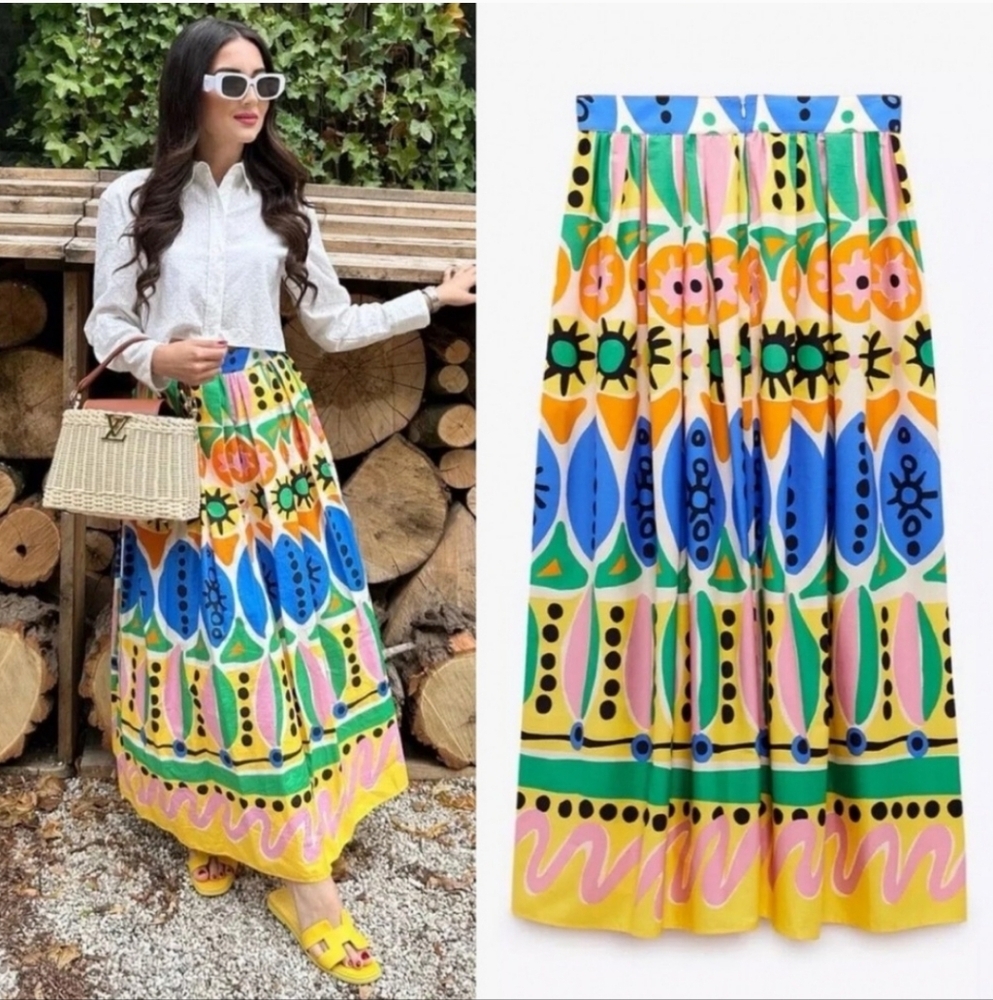 Zara Multicolor Floral & Geometric Maxi Skirt - Yellow, Blue, Green, Pink - Picture 4 of 15
